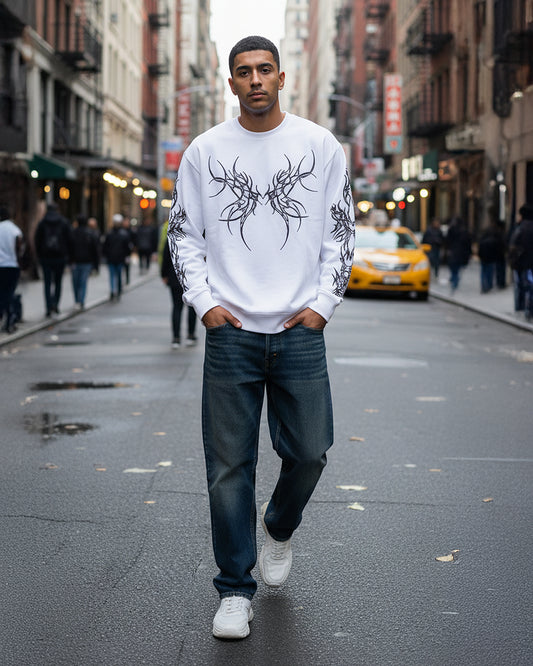 Oversized White Long-Sleeve with Gothic Graphic Print 💀